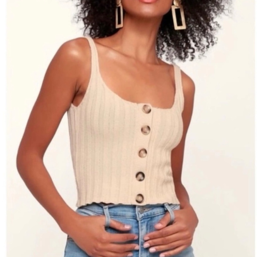 Alya Beige Button-Up Ribbed Crop Top
